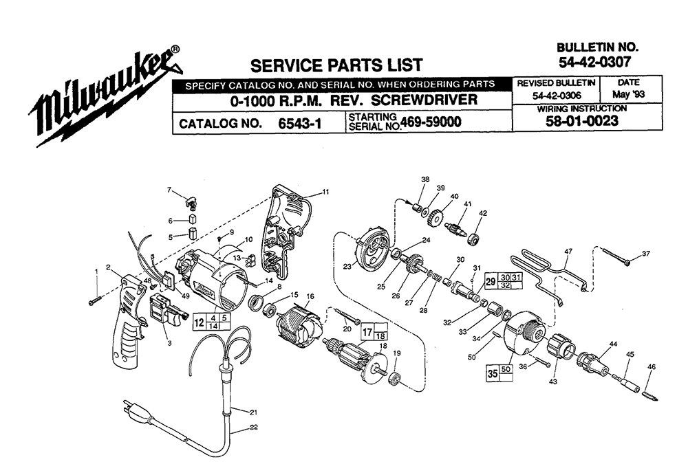 Fig-0 Diagram and Parts List for 6543-1 469-59000 Milwaukee Electric Drill