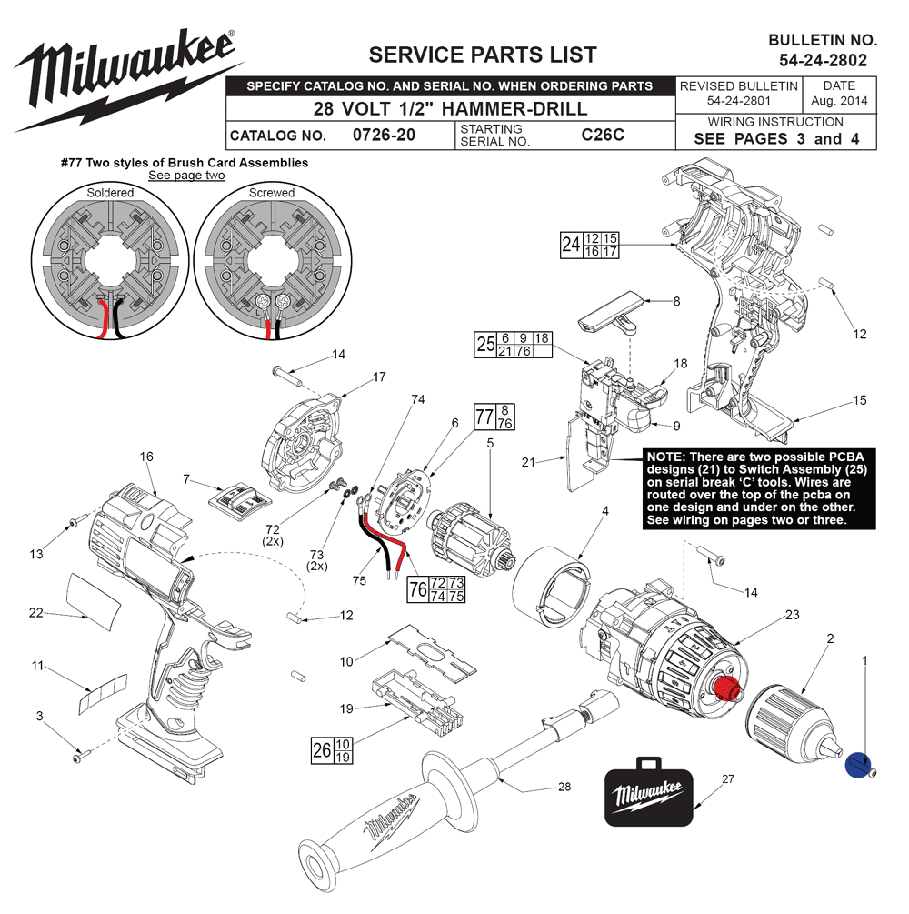 Fig-0 Diagram and Parts List for 0726-22 C26C Milwaukee Cordless Drill
