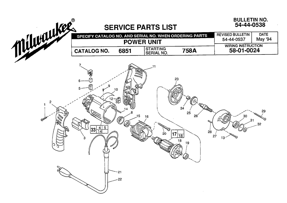 Fig-0 Diagram and Parts List for 6851 758A Milwaukee Electric Drill