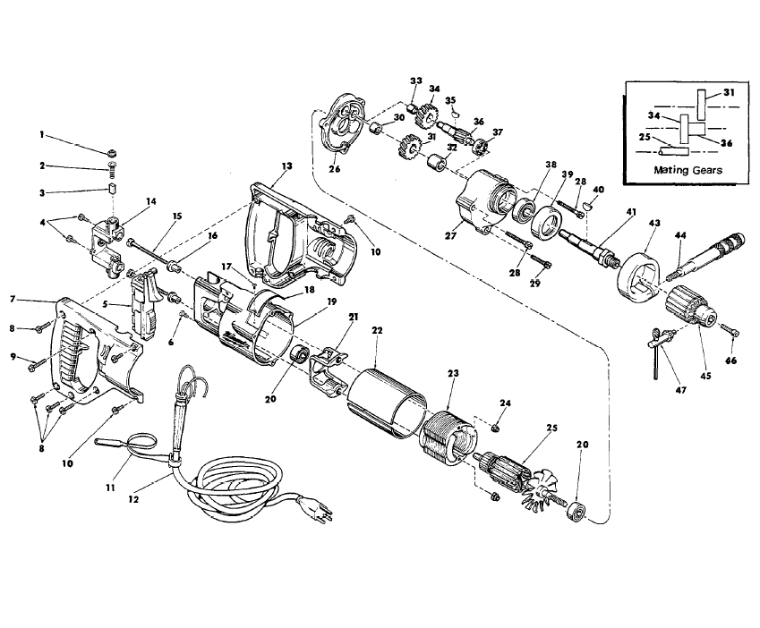 Fig-0 Diagram and Parts List for 1001-1  Milwaukee Electric Drill