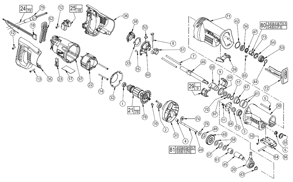 Fig-0 Diagram and Parts List for 6520-21 B02F Milwaukee Saw