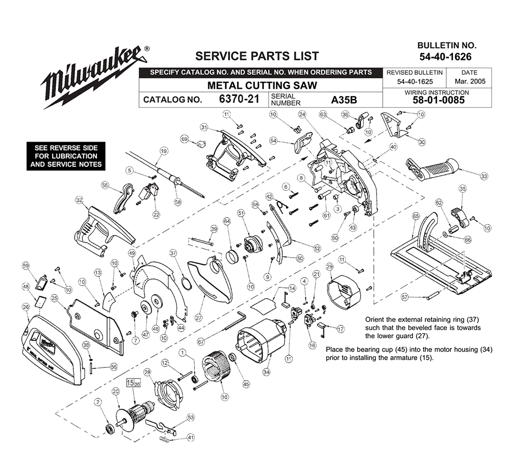 Fig-0 Diagram and Parts List for 6370-21 A35B Milwaukee Saw