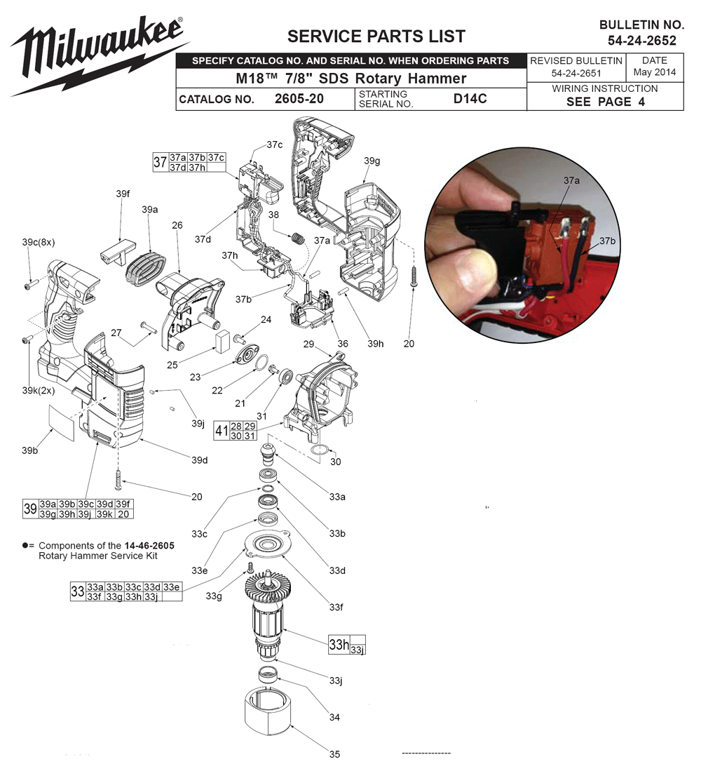 Fig-0 Diagram and Parts List for 2605-22 D14C Milwaukee Hammer Drill
