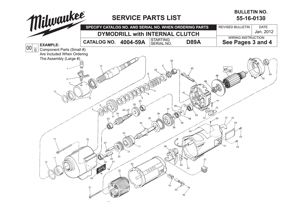 Fig-0 Diagram and Parts List for 4004-59 D89A Milwaukee Hammer Drill