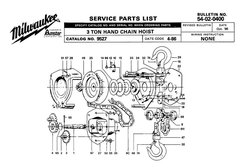 Fig-0 Diagram and Parts List for 9527 4-86 Milwaukee Hoist & Winch