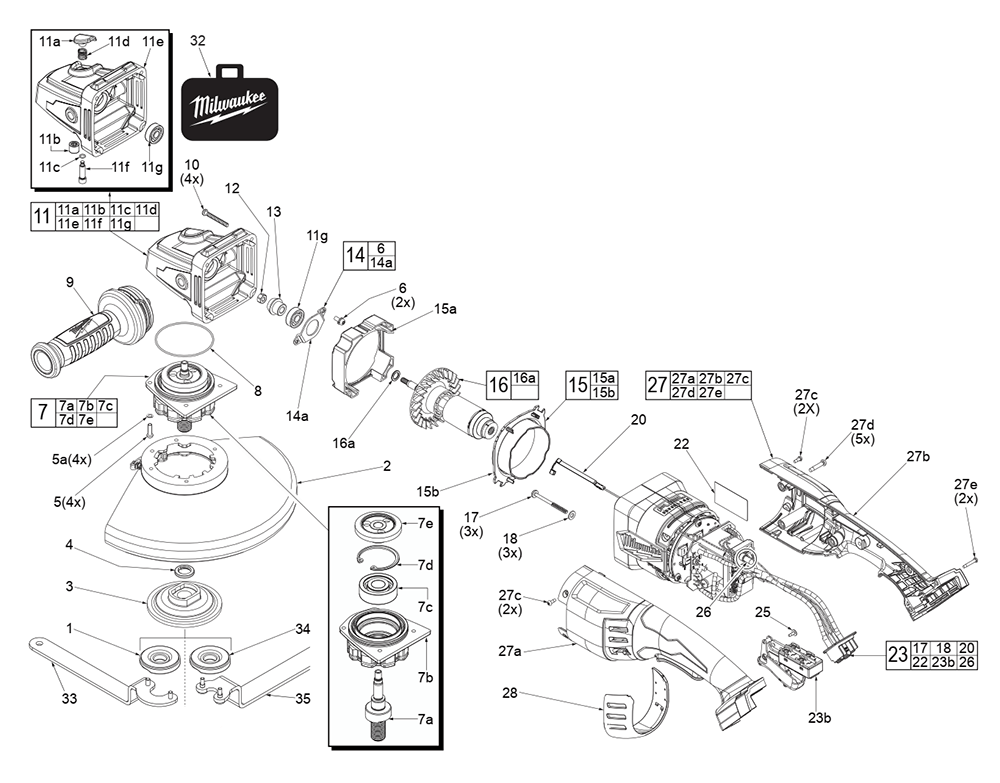 Fig-0 Diagram and Parts List for 2785-20 J59A Milwaukee Angle Grinder