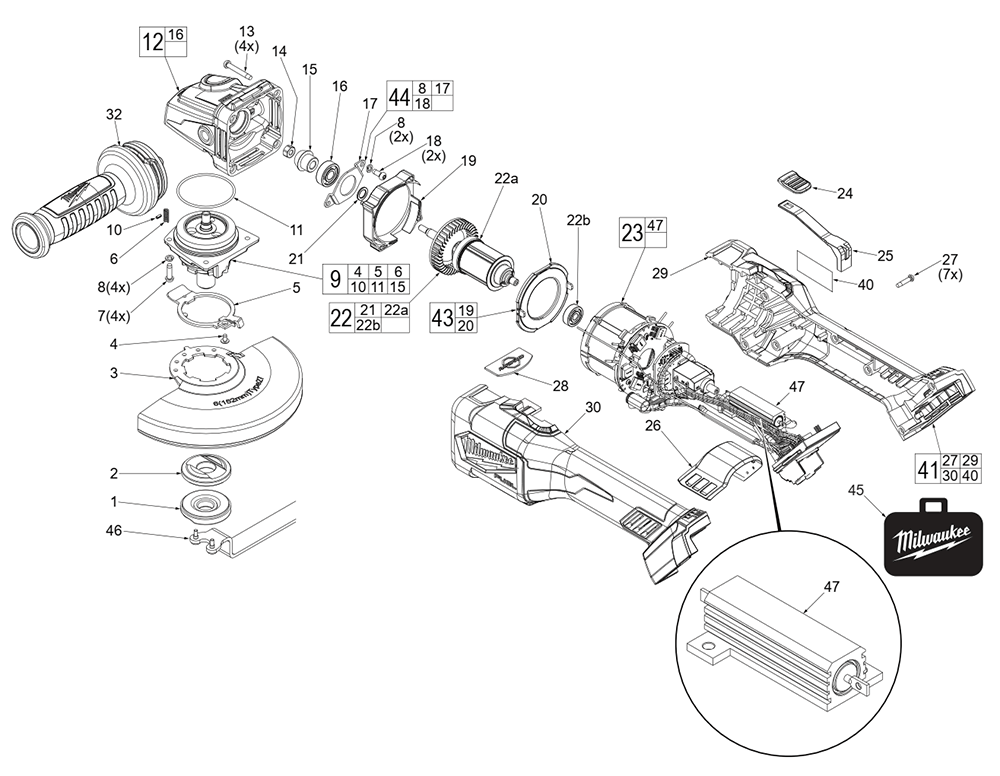 Fig-0 Diagram and Parts List for 2981-20 K03A Milwaukee Angle Grinder