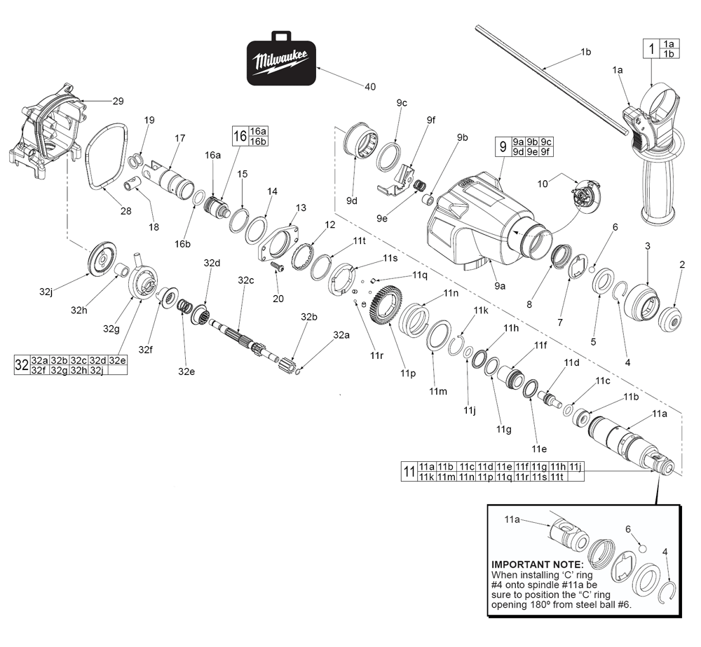 Fig-1 Diagram and Parts List for 2605-22 D14C Milwaukee Hammer Drill