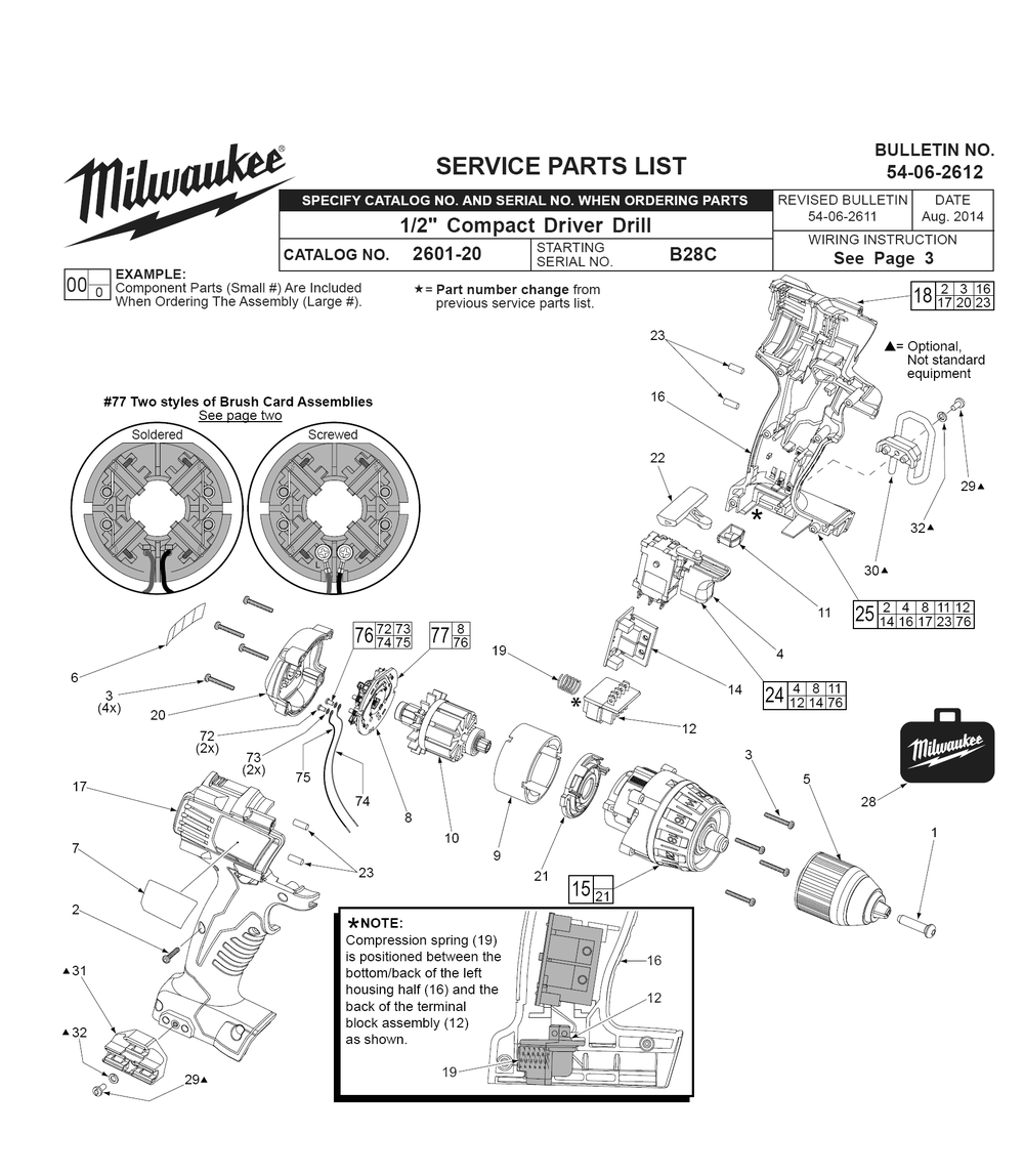 Fig-0 Diagram and Parts List for 2601-22 B28C Milwaukee Cordless Drill