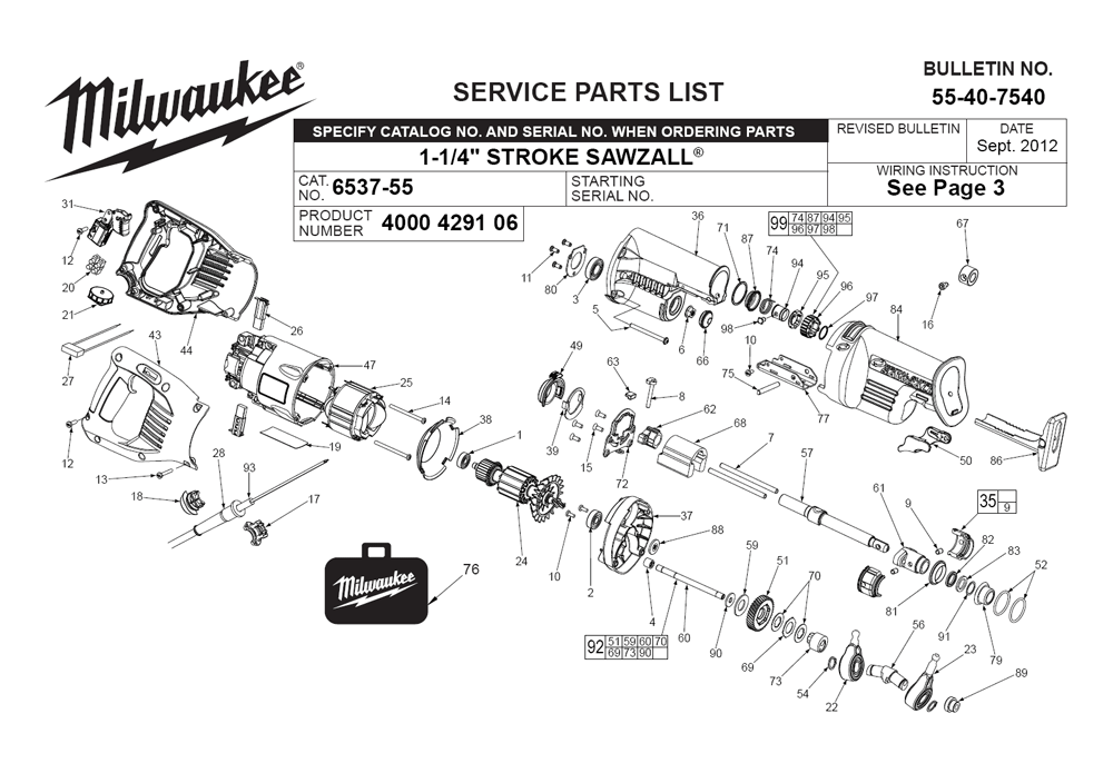 Fig-0 Diagram and Parts List for 6537-55 4000429106 Milwaukee Saw
