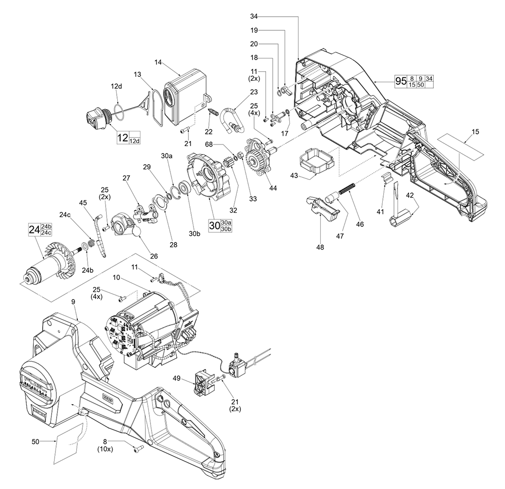 Fig-1 Diagram and Parts List for 2727-20 J36A Milwaukee Chainsaw
