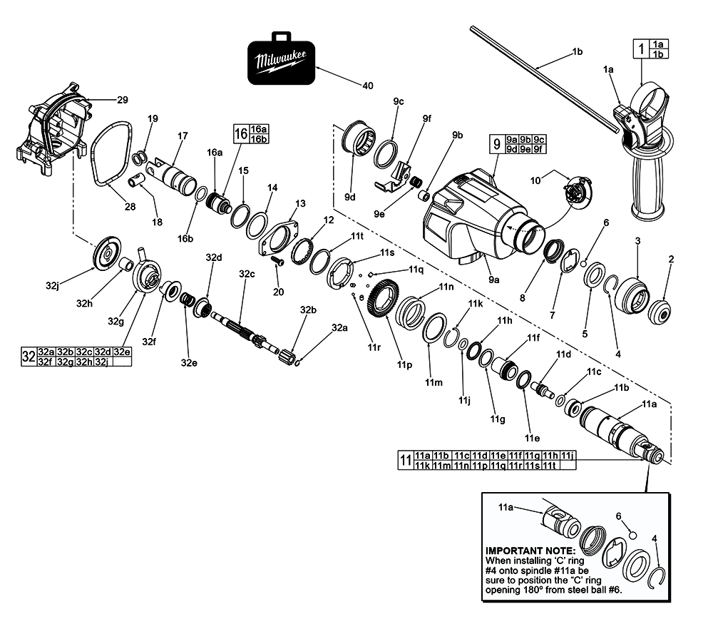 Fig-1 Diagram and Parts List for 2605-059 D38C Milwaukee Hammer Drill