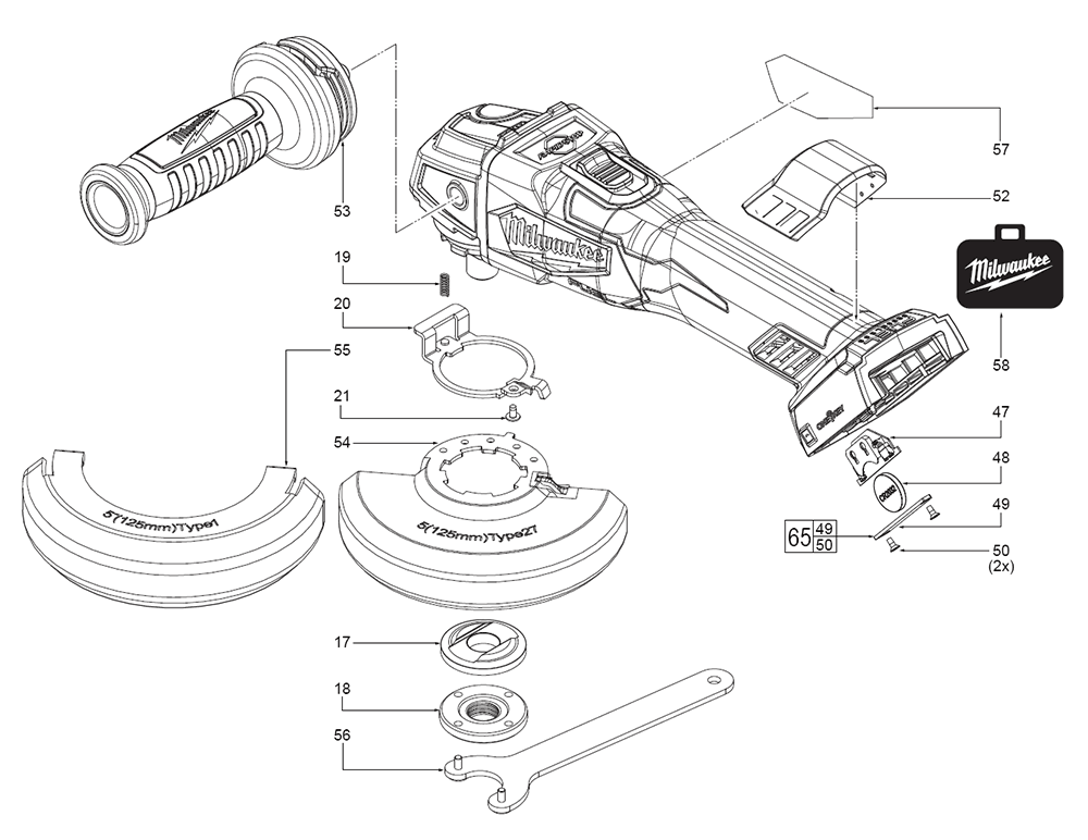 Fig-0 Diagram and Parts List for 2883-20 L69A Milwaukee Angle Grinder