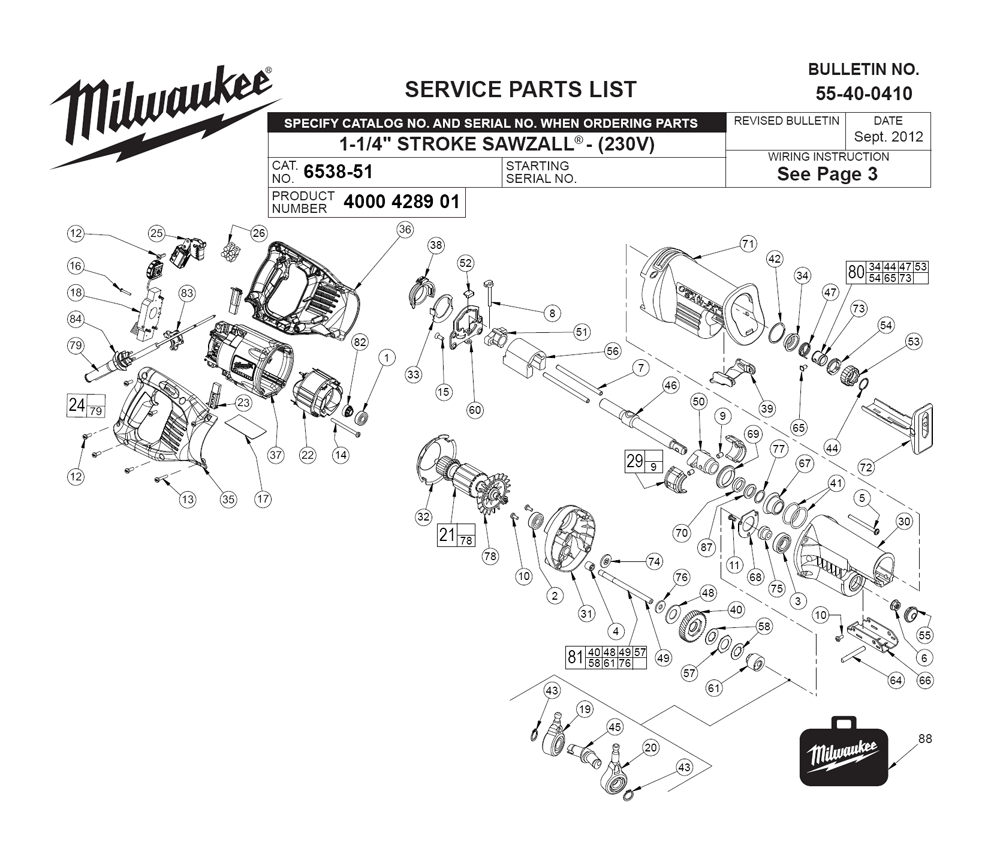 Fig-0 Diagram and Parts List for 6538-51 4000428901 Milwaukee Reciprocating Saw
