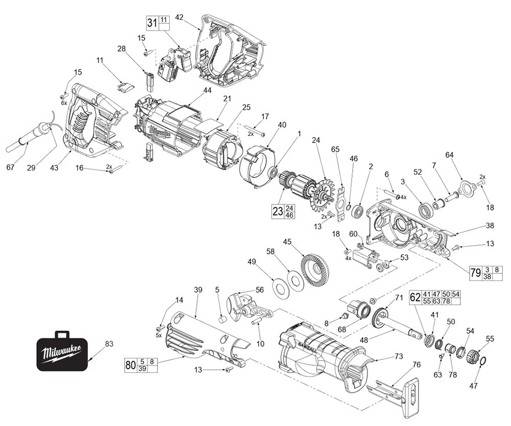 Fig-0 Diagram and Parts List for 6509-31 C24E Milwaukee Reciprocating Saw