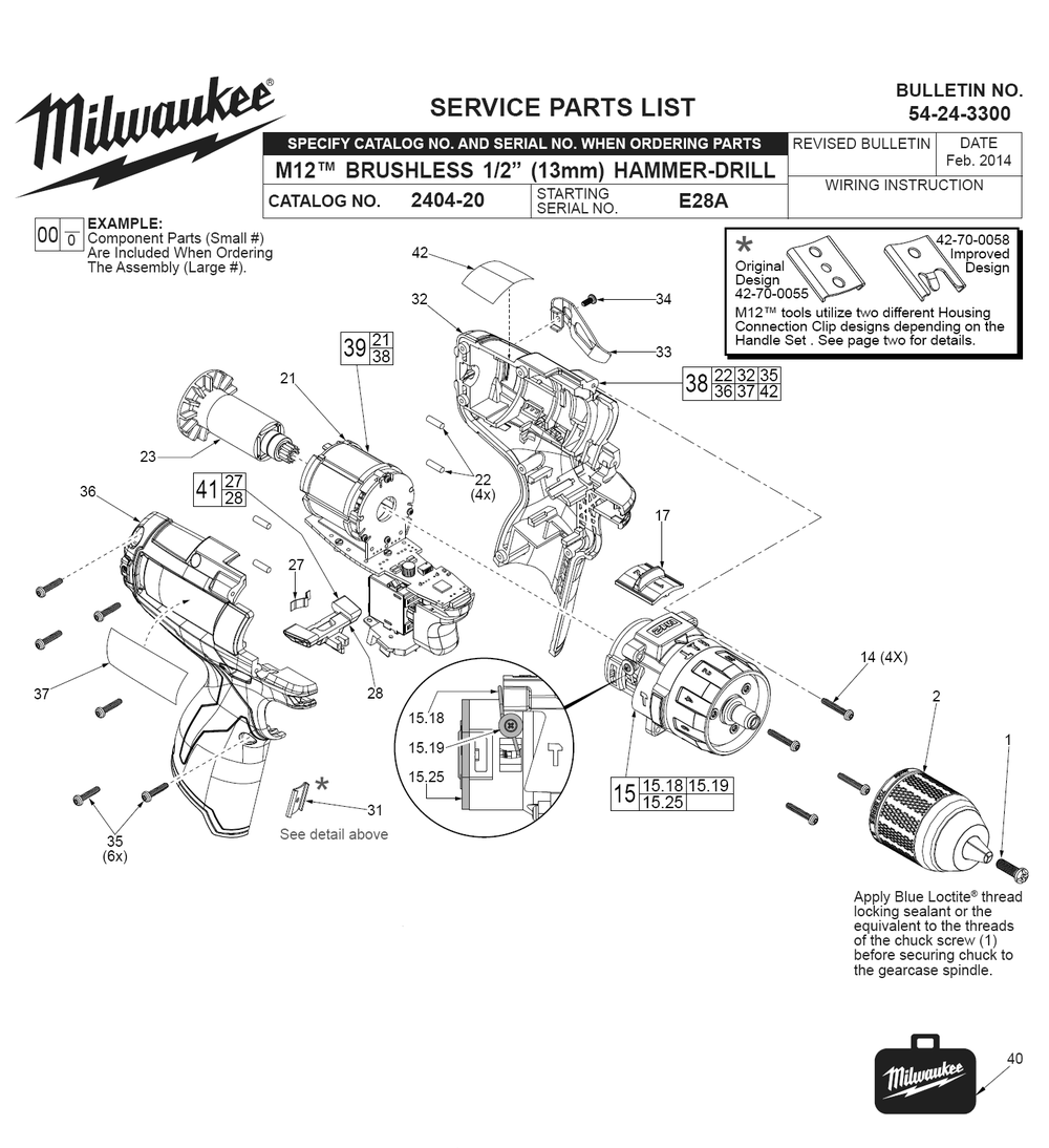 Fig-0 Diagram and Parts List for 2404-22 E28A Milwaukee Cordless Drill