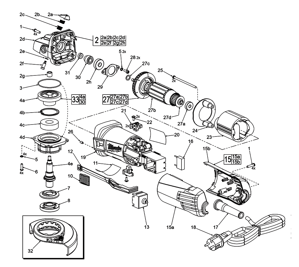 Fig-0 Diagram and Parts List for 6148-59 C42A Milwaukee Angle Grinder