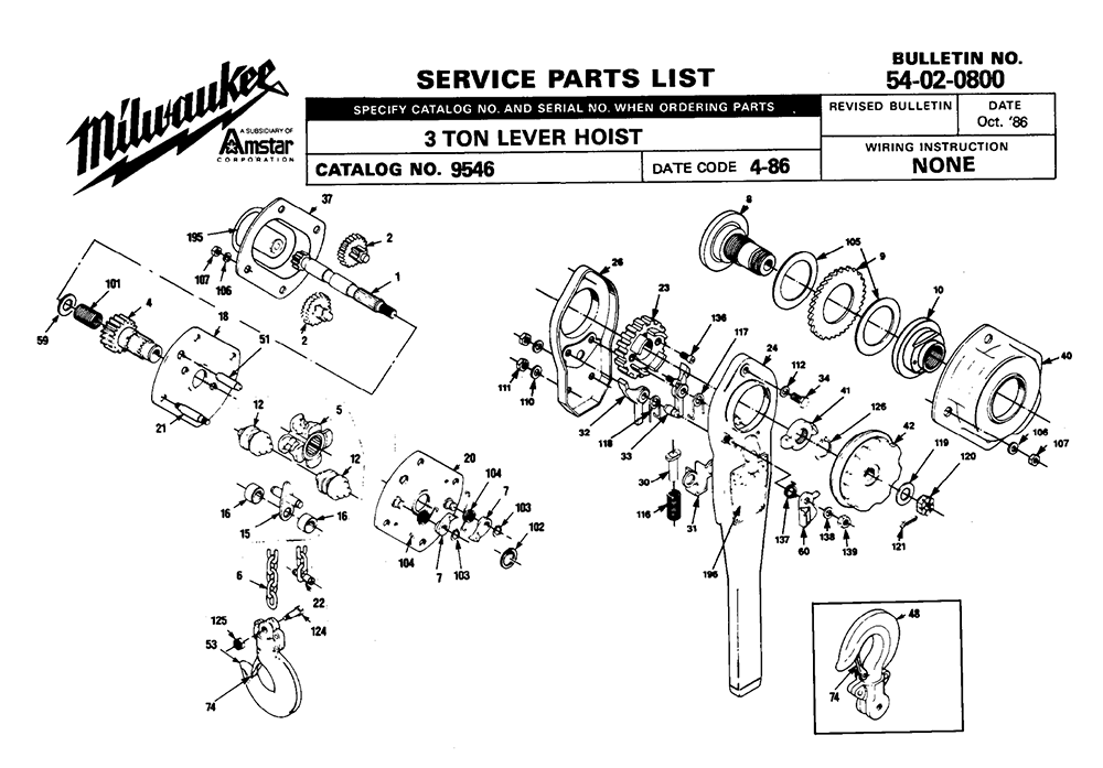 Fig-0 Diagram and Parts List for 9546 4-86 Milwaukee Hoist & Winch