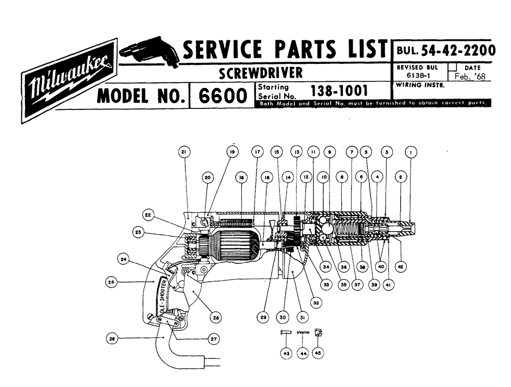 Fig-0 Diagram and Parts List for 6600 138-1001 Milwaukee Electric Drill