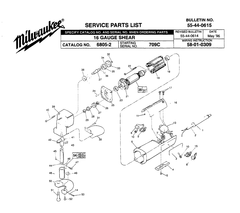 Fig-0 Diagram and Parts List for 6805-2 709C Milwaukee Nibbler & Shears