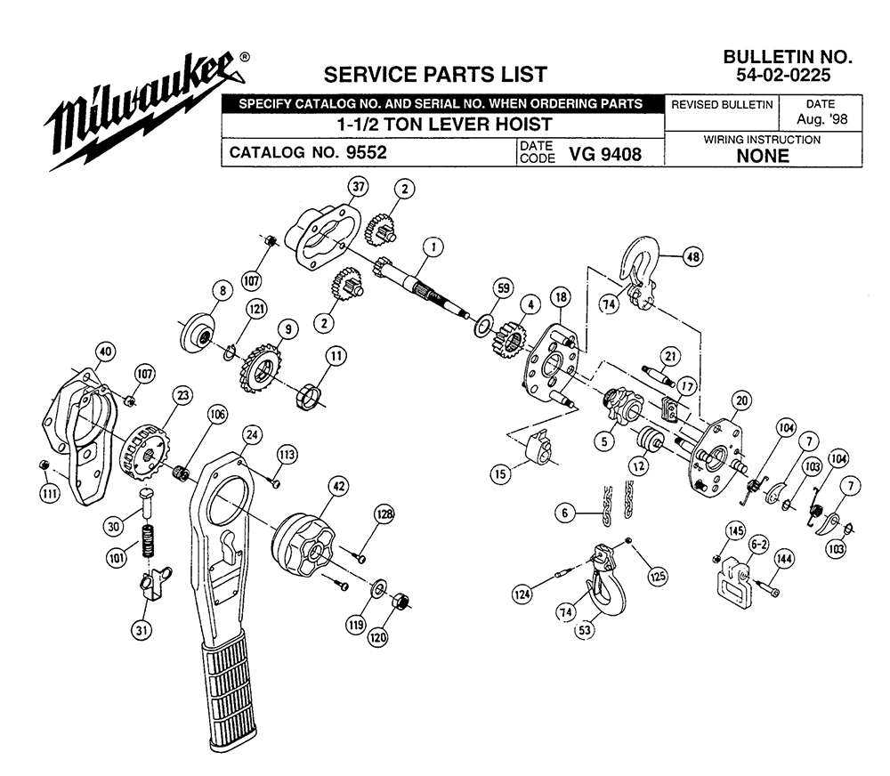 Fig-0 Diagram and Parts List for 9552 VG 9408 Milwaukee Hoist & Winch