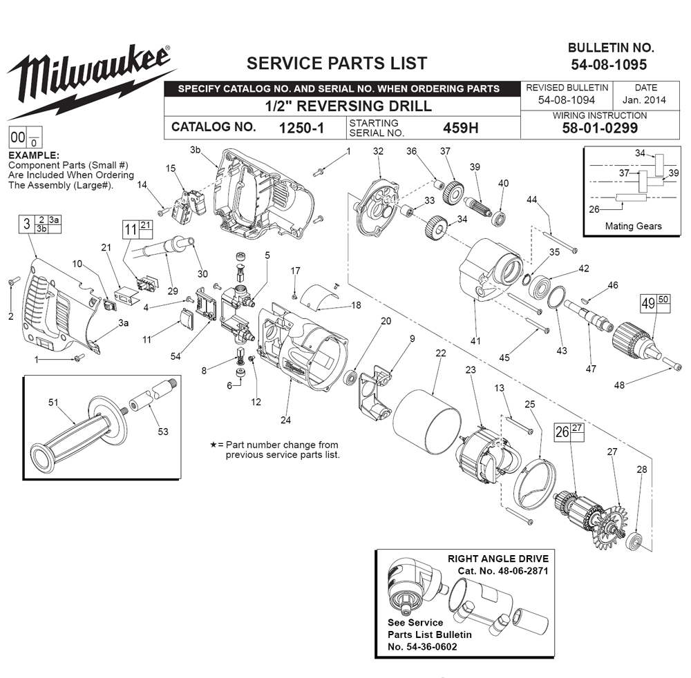 Fig-0 Diagram and Parts List for 1250-1 459H Milwaukee Electric Drill