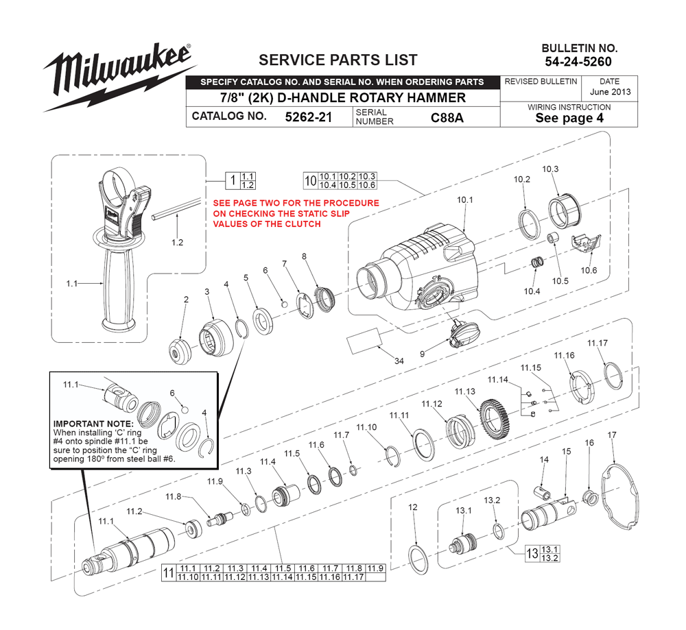 Fig-0 Diagram and Parts List for 5262-21 C88A Milwaukee Hammer Drill