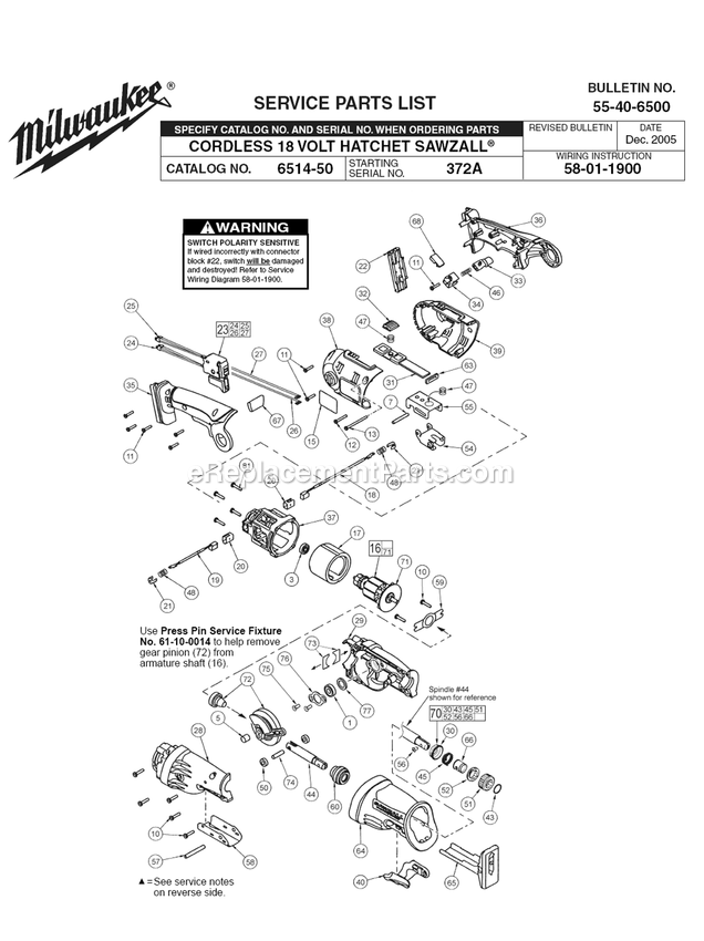 Page A Diagram and Parts List for 6514-50 372A Milwaukee Saw