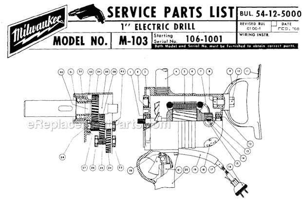 Page A Diagram and Parts List for M-103 106-1001 Milwaukee Electric Drill