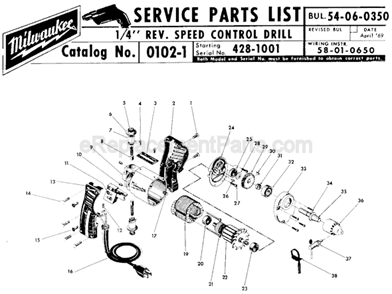 Page A Diagram and Parts List for 0102-1 SER 428-1001 Milwaukee Electric Drill