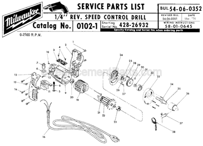 Page A Diagram and Parts List for 0102-1 SER 428-26932 Milwaukee Electric Drill