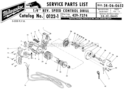 Page A Diagram and Parts List for 0122-1 SER 429-7274 Milwaukee Electric Drill