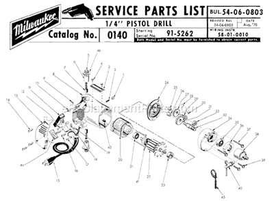 Page A Diagram and Parts List for 0140 SER 91-5262 Milwaukee Electric Drill