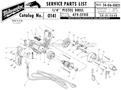 Page A Diagram and Parts List for 0141 SER 479-5700 Milwaukee Electric Drill