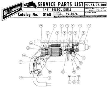 Page A Diagram and Parts List for 0160 SER 92-1076 Milwaukee Electric Drill