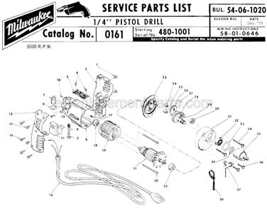 Page A Diagram and Parts List for 0161 SER 480-1001 Milwaukee Electric Drill