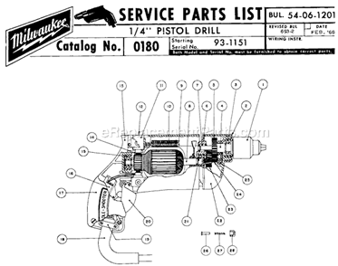 Page A Diagram and Parts List for 0180 SER 93-1151 Milwaukee Electric Drill