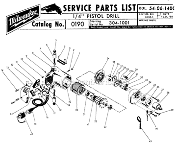 Page A Diagram and Parts List for 0190 SER 304-1001 Milwaukee Electric Drill