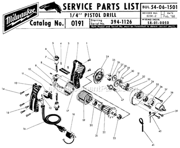 Page A Diagram and Parts List for 0191 SER 394-1126 Milwaukee Electric Drill