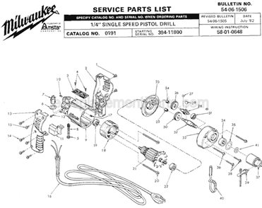 Page A Diagram and Parts List for 0191 SER 394-11800 Milwaukee Electric Drill