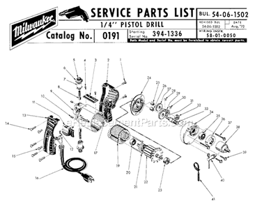 Page A Diagram and Parts List for 0191 SER 394-1336 Milwaukee Electric Drill