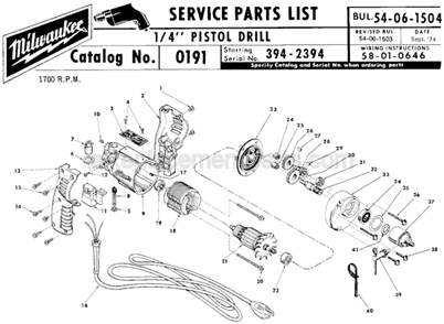 Page A Diagram and Parts List for 0191 SER 394-2394 Milwaukee Electric Drill