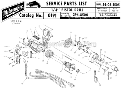 Page A Diagram and Parts List for 0191 SER 394-8500 Milwaukee Electric Drill