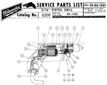 Page A Diagram and Parts List for 0200 SER 89-1180 Milwaukee Electric Drill