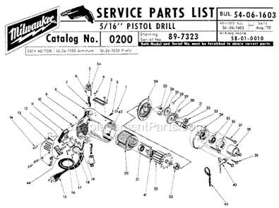 Page A Diagram and Parts List for 0200 SER 89-7323 Milwaukee Electric Drill
