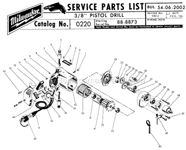 Page A Diagram and Parts List for 0220 SER 88-8873 Milwaukee Electric Drill