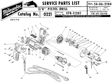 Page A Diagram and Parts List for 0221 SER 378-11201 Milwaukee Electric Drill