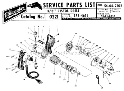 Page A Diagram and Parts List for 0221 SER 378-4611 Milwaukee Electric Drill