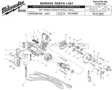 Page A Diagram and Parts List for 0221 SER 378-53000 Milwaukee Electric Drill
