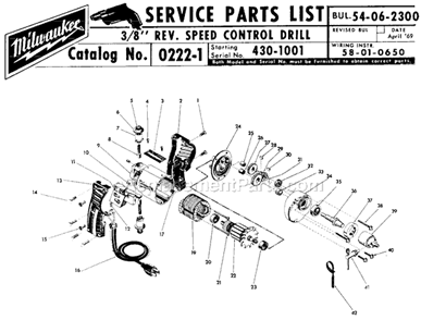 Page A Diagram and Parts List for 0222-1 SER 430-1001 Milwaukee Electric Drill